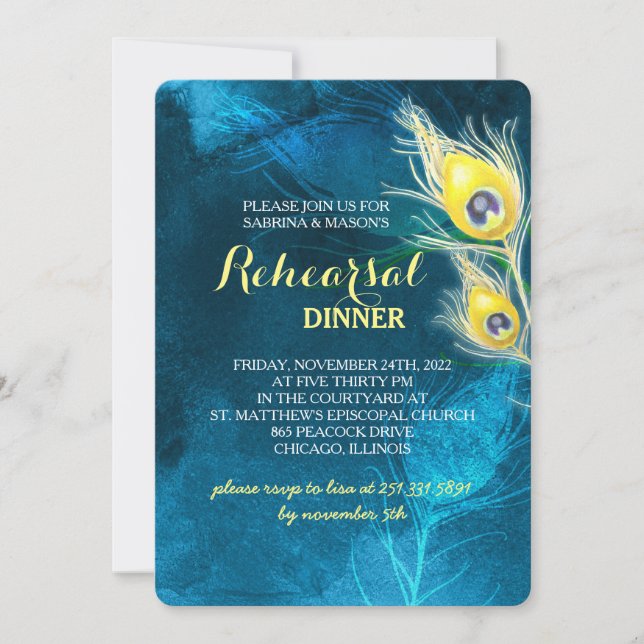 Rustic Peacock Wedding Rehearsal Dinner Invitation (Front)