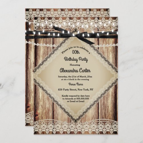 Rustic Pearl Lace Barn Wood Black String Lights Invitation