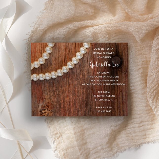 Rustic Pearls and Barn Wood Country Bridal Shower Invitation