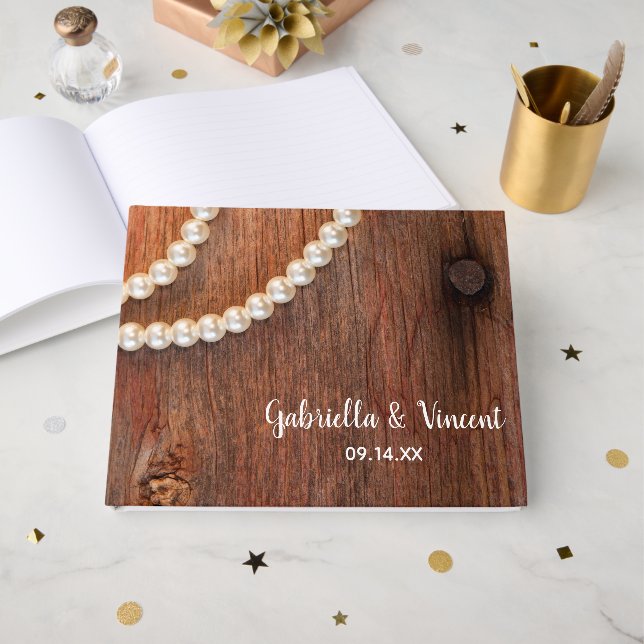 Rustic Pearls and Barn Wood Country Wedding Guest Book (Front Open)