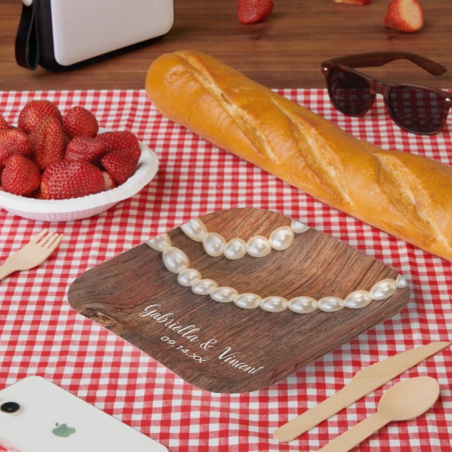 Rustic Pearls and Barn Wood Country Wedding Paper Plates (Picnic)