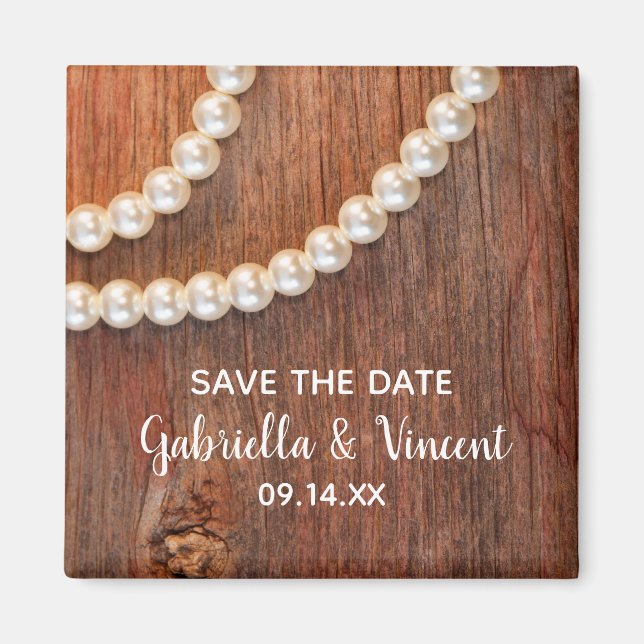 Rustic Pearls and Barn Wood Wedding Save the Date Magnet (Front)