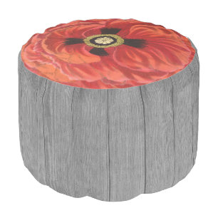 Rustic Ped Poppy Flower Gray Barn Wood Pouf