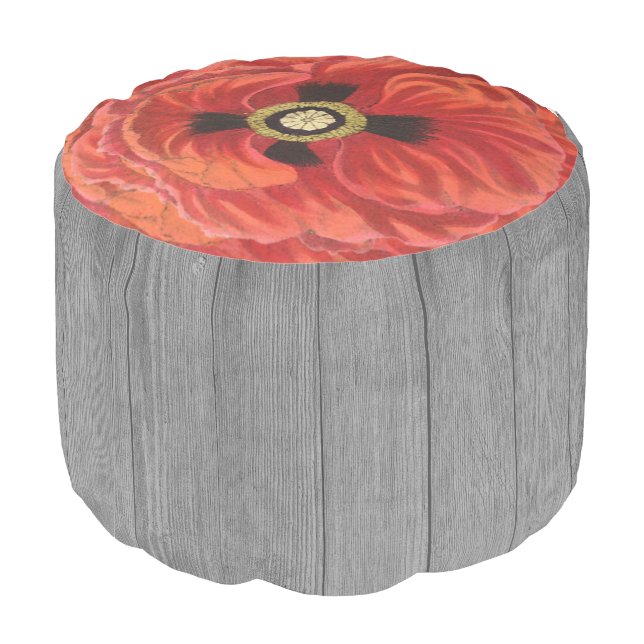Rustic Ped Poppy Flower Gray Barn Wood Pouf (Angled Back)