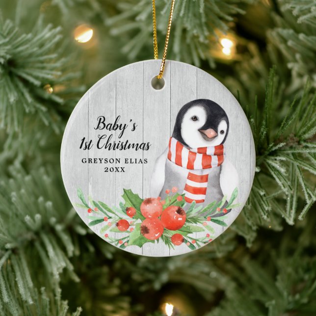 Rustic Penguin Personalized Baby's 1st Christmas Ceramic Ornament (Tree)