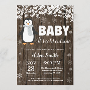 Rustic Penguin Winter Baby Shower Invitation