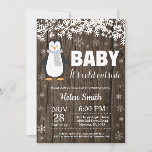 Rustic Penguin Winter Baby Shower Invitation