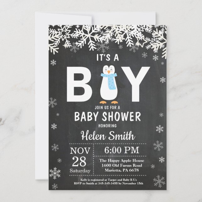 Rustic Penguin Winter Boy Baby Shower Invitation (Front)