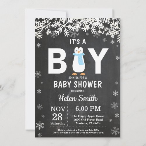 Rustic Penguin Winter Boy Baby Shower Invitation