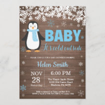 Rustic Penguin Winter Boy Baby Shower Invitation