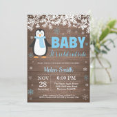 Rustic Penguin Winter Boy Baby Shower Invitation (Standing Front)