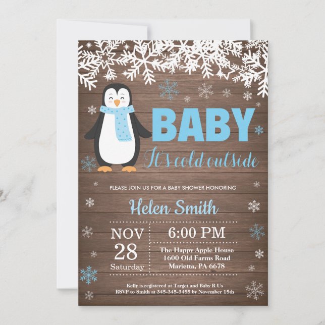 Rustic Penguin Winter Boy Baby Shower Invitation (Front)