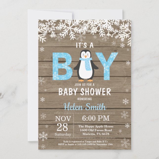 Rustic Penguin Winter Boy Baby Shower Invitation (Front)