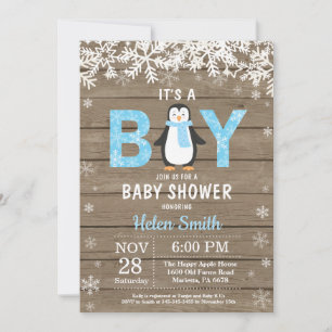 Rustic Penguin Winter Boy Baby Shower Invitation