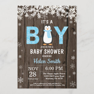 Rustic Penguin Winter Boy Baby Shower Invitation