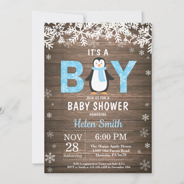 Rustic Penguin Winter Boy Baby Shower Invitation (Front)