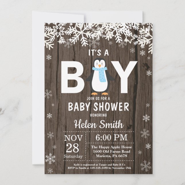 Rustic Penguin Winter Boy Baby Shower Invitation (Front)