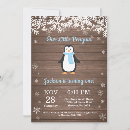 Rustic Penguin Winter Boy Birthday Invitation