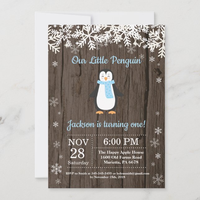 Rustic Penguin Winter Boy Birthday Invitation (Front)
