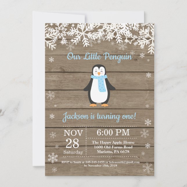 Rustic Penguin Winter Boy Birthday Invitation (Front)