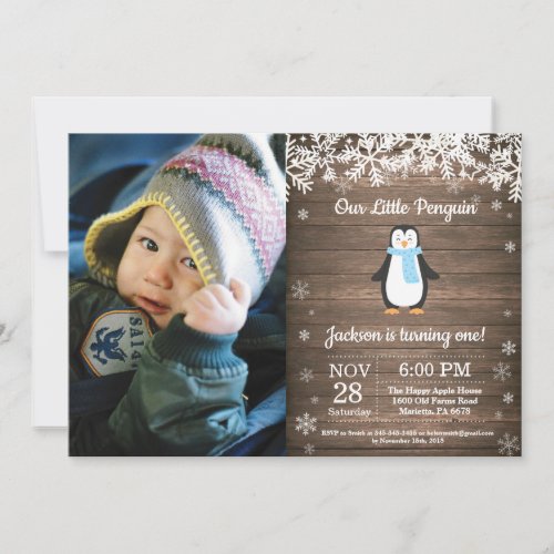 Rustic Penguin Winter Boy Birthday Photo Invitation