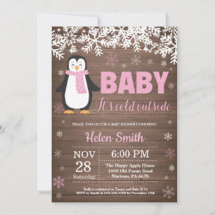 Rustic Penguin Winter Girl Baby Shower Invitation