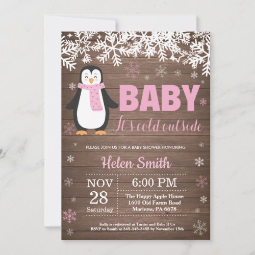 Rustic Penguin Winter Girl Baby Shower Invitation