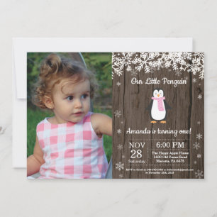 Rustic Penguin Winter Girl Birthday Photo Invitation