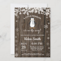 Rustic Penguin Winter Snowflake Baby Shower Invitation