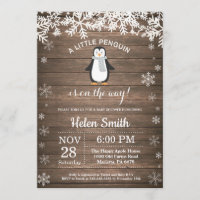 Rustic Penguin Winter Snowflake Baby Shower Invitation