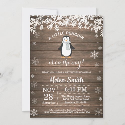 Rustic Penguin Winter Snowflake Baby Shower Invitation