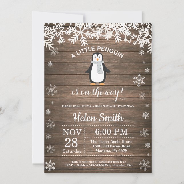 Rustic Penguin Winter Snowflake Baby Shower Invitation (Front)