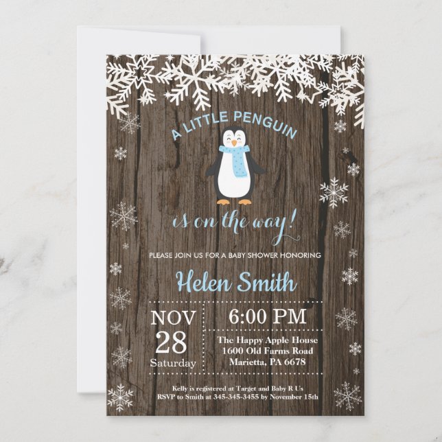 Rustic Penguin Winter Snowflake Boy Baby Shower Invitation (Front)