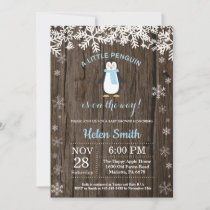 Rustic Penguin Winter Snowflake Boy Baby Shower Invitation