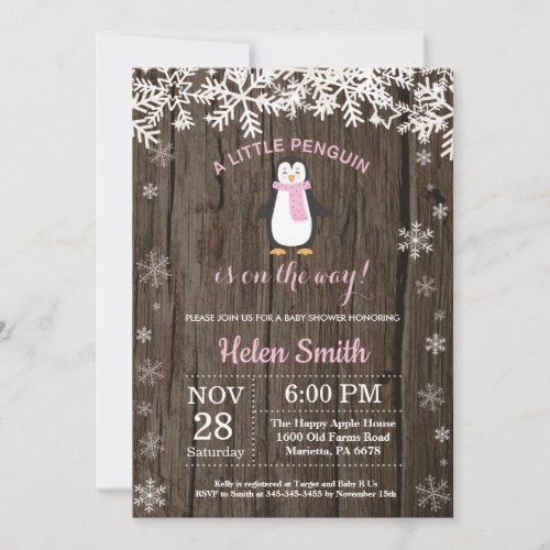 Rustic Penguin Winter Snowflake Girl Baby Shower Invitation