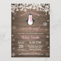 Rustic Penguin Winter Snowflake Girl Baby Shower Invitation