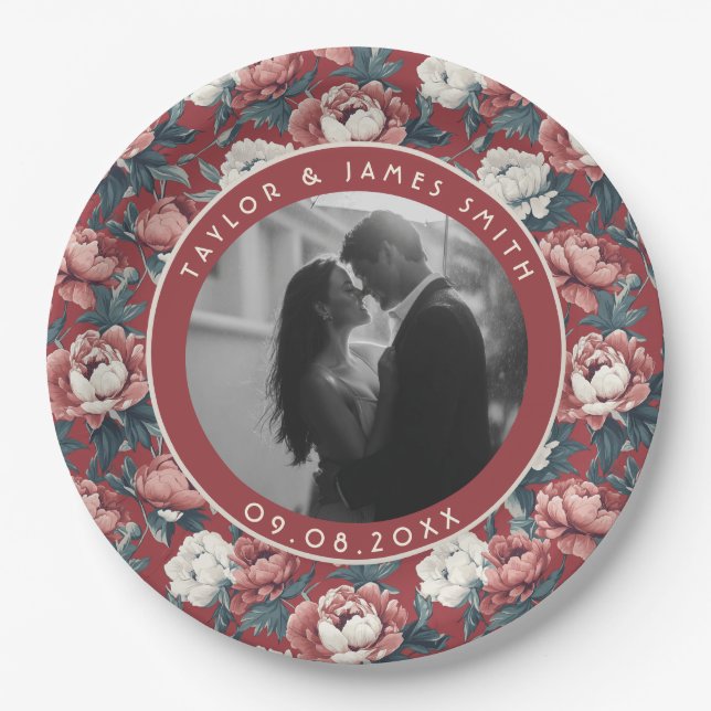 Rustic Peonies Accent Forest Wedding Program Paper Plates (Front)