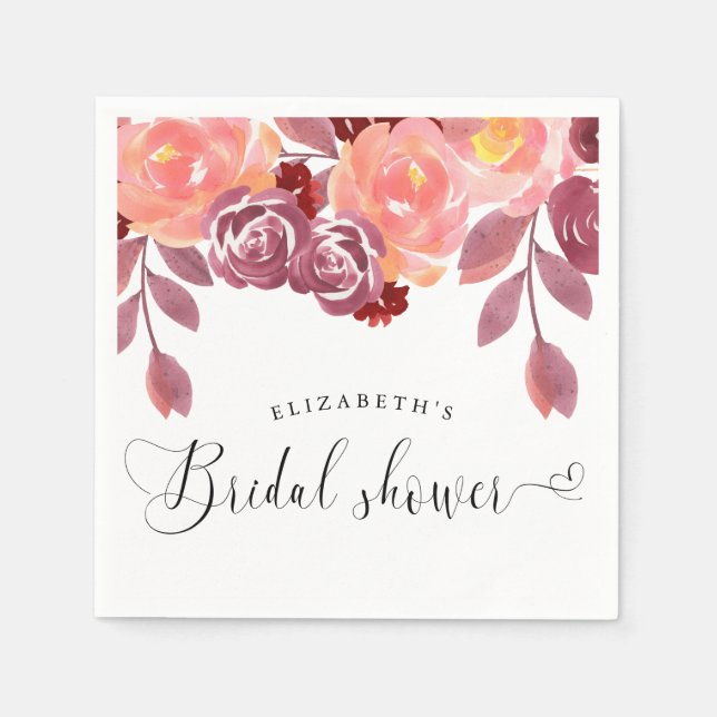 rustic peonies elegant script bridal shower napkins (Front)