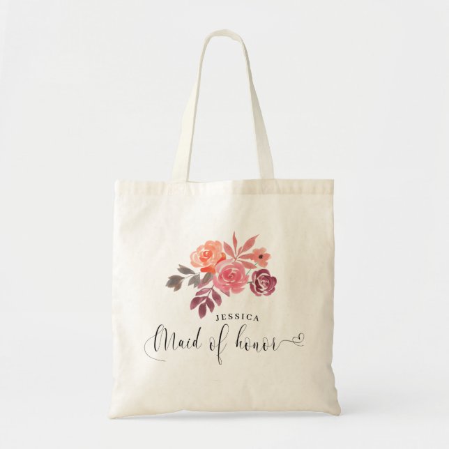 rustic peonies elegant script maid of honor tote bag (Front)