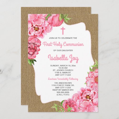 Rustic Peonies First Holy Communion invite