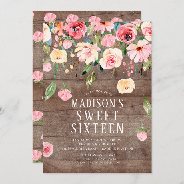 Rustic Peonies Floral Drop Sweet Sixteen Party Invitation (Front/Back)