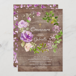 Rustic Peonies Floral Wreath Communion Invitation