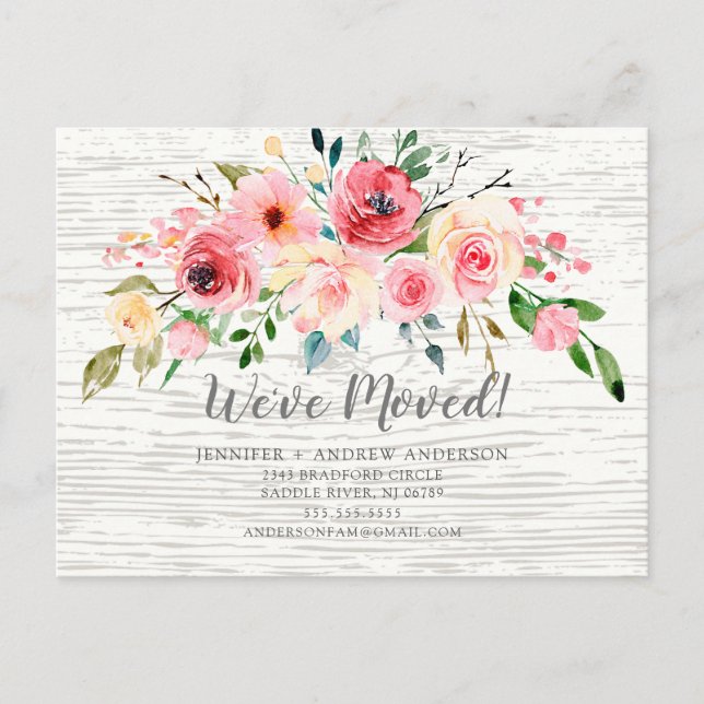 Rustic Peonies Rose Floral Moving Announcement Postcard (Front)