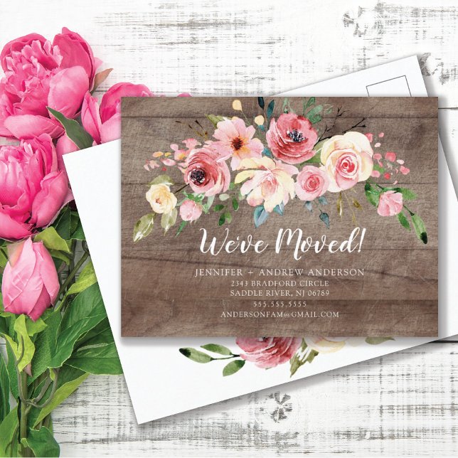 Rustic Peonies Rose Floral Moving Announcement Postcard (Creator Uploaded)