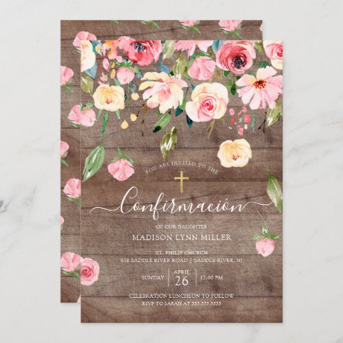 Rustic Peonies Rose Spanish Confirmation Invitation