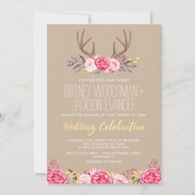 Rustic Peony and Deer Antler Wedding Invitations (Front)