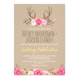 Rustic Peony and Deer Antler Wedding Invitations