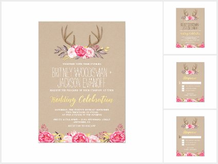 Rustic Peony and Deer Antler Wedding Invitations