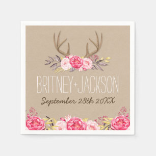 Rustic Peony and Deer Antler Wedding Napkins