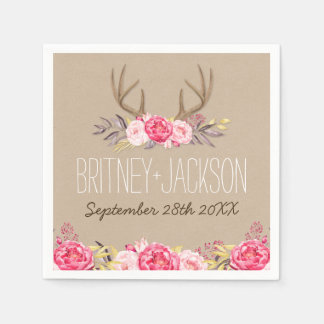 Rustic Peony and Deer Antler Wedding Napkins